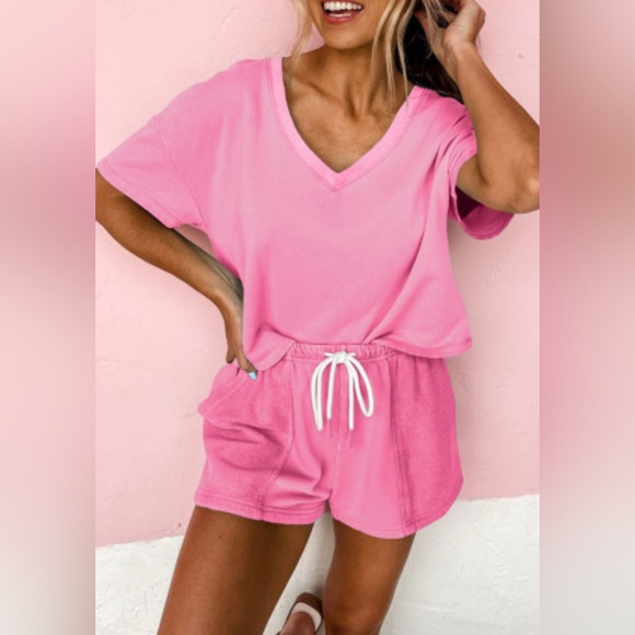 Boutique Pants - Bonbon VNeck Drop Shoulder Tee Patchwork Drawstring Elastic Waistband Shorts Set